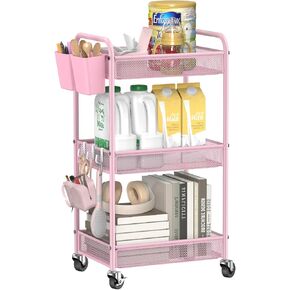YASONIC 3 Tier Rolling Cart – Metal Utility Storage Cart with Wheels, Craft Organizer with Hanging Cups, Hooks, Mesh Basket for Bedside Kitchen Office Art, Pink