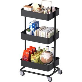 TECBOT 3 Tier Metal Rolling Cart with Wheels, Utility Storage Cart with Handle and Lockable Casters, Storage Basket Organizer Shelves, Easy Assemble for Kitchen, Living Room, Office, Nursery, Black