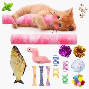 Cat Toys,Interactive Kitten Toy for Indoor Kitty Exercise 14 Piece with Fish Catnip Spiral Spring, Tube, Crinkle Balls Helps Reduce Stress & Provide Anxiety Relief for Cats