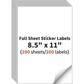 Full Sheet Sticker Labels, 8.5" x 11" Shipping Labels Paper (200 Sheets, 200 Labels), Self Adhesive Full Sheet White Matte Label Paper, Address Sticker Labels for Laser & Inkjet Printer