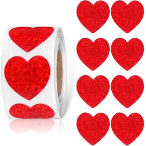 Glitter Red Heart Stickers Heart Decorative Labels 500 per Roll Valentine's Day Love Decorations Accessories Self Adhesive Kids Heart Sticker for Wedding Anniversaries Mother's Day Reward