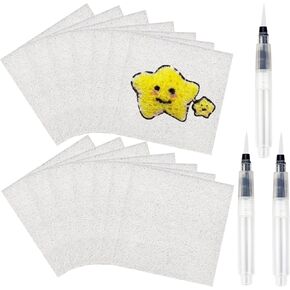 20PCS Foam Texture Painting Paper for Crafts, 3.15" x 3.15" White Cellulose Cards with 3 Water Brush Pens DIY Art and Kids Craft Supplies for Acrylics Painting