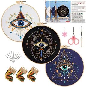 3 Pack Evil Eye Embroidery Kit for Beginner Adults, Cross Stitch Set with Evil Eye, Includes Clear Instructions, Embroidery Hoop, Stamped Patterns, Colorful Threads, Tools.Hand Craft Lover Gifts