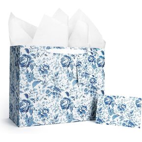 LaRibbons 13" Large Wedding Gift Bag, Bridal Shower Gift Bag with Tissue Paper and Greeting Card, Blue and White Peony Toile Design, Perfect for Bride, Bridesmaids, Engagement Gifts