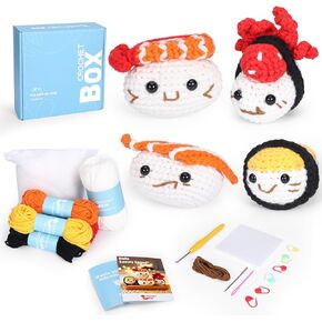 Crochet Box Crochet Kit for Beginners Adults - 4 PCS Sushi Starters Crochet Kit, Beginners Crocheting Kitting for Adults Kids, Craft Gifts with Crochets Yarns, Hook, Step-by-Step Video, Instruction