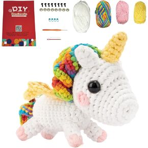 Rainbow Unicorn Crochet Kit for Beginners – Complete Amigurumi Crochet Starter Set with Yarn, Hook, Stuffing, Step-by-Step Video Tutorials – DIY Craft Kit Gift for Ages 12+