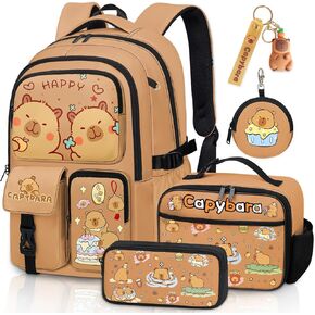 Capybara Backpack Set for Girls Boys, Kids Capybara Backpack for School with Lunch Box and Pencil Case Coin Purse, School Bookbag for Girls Boys
