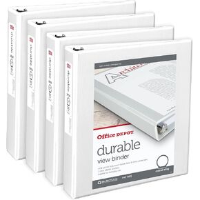 Office Depot® Brand Durable View 3-Ring Binder, 1 1/2" Round Rings, White, Pack Of 4