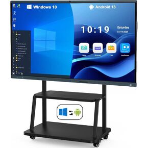 86 Inch Electronic Whiteboard, 4K Touch Screen All in One Smartboard, Built in Dual System Windows 10&Android, Smart board for Classroom and Business with Camera (Board+Movable Stand+Min PC)