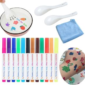 Magical Floating Drawings Pens Bundle, 12 Colors Kiddies Create Magic Drawing Pen for Kids, Magical Water Painting Markers Set with Spoons & Towel, Tattoo Water Art Pen, Gifts for Boys Girls