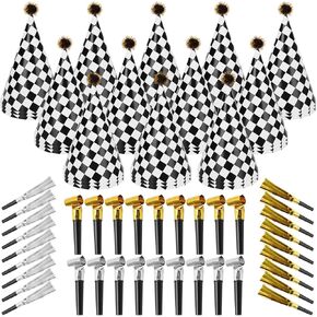 72 PCS Birthday Party Cone Hats Race Car Themed Cone Paper Hat with 36 PCS Blowers Noise Makers & Pom Poms Black White Checkered Decorations for Kids Adults Birthday Baby Shower Pet Party Supplies