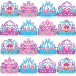 Fumete 16 Pcs Mermaid Party Hats Kids Paper Crown Colorful Birthday Decorations Under the Sea Themed Hats with Headbands for Girls, Sea Ocean Mermaid Party Decorations, 4 Styles