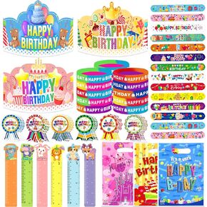 210Pcs Happy Birthday Kits for Kids Classroom, Birthday Crowns for Kids Classroom with Hats, Rulers, Badge Stickers, Bracelets, Party Bags for School Teacher Classroom Party Supplies