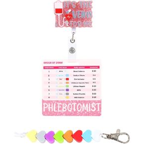4PCS Phlebotomy Badge Reel Kit,Order of Draw Badge Card with Bling Acrylic Patch,Nurse Accessories for Work,Nurse ID Badge with Alligator Clip for School RN Student(Pink)