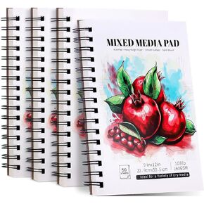 4 Pack Mixed Media Sketchbook, 9x12 inches Drawing Paper Sketch Book, 98lb/160gsm Heavyweight Spiral Bound Sketch Pads, Suitable for Wet and Dry Media, Drawing, Painting, Sketching(200 Sheets)