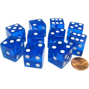 Set of 10 D6 Square Edged 19mm Dice - Transparent Blue with White Pips by Koplow Games