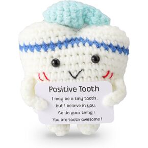 Funny Positive Tooth Doll, Handmade Crochet Plush Toy with Card Cute Dental Assistant Inspirational Gifts Emotional Knitted Support Desk Decor for Appreciation Birthday Presents