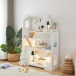 Wooden Dollhouse Bookshelf - Toddler Doll House Bookcase, Extra Space Kids Toy Storage Book Shelf, 3-Tier Children Dollhouse, Pretend Play Toy House, Gift for Girls & Boys Ages 3+