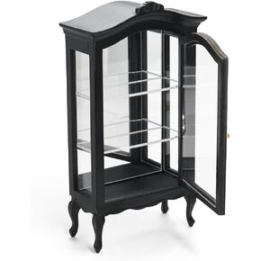 Odoria Dollhouse Curio Cabinet Miniature: 1/12 Scale Display Bookcase for Victorian Living Room - Mini Vintage Storage Shelf with Mirror - Tiny Wood Black Furniture Antique