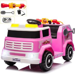 Kids Ride on Fire Truck 12V7AH Battery Powered Car Toy with Flashing Lights, Parent Remote Control Electric Car with Fire Gun, Shovel, Loudspeaker, Music Player, Power Display, Red