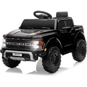 12V Ride on Car Licensed Ford F-150 Raptor, Kids Electric Car with Remote Control, LED Light/Music/MP3, Truck Bed Storage, 3-Point Seat Belt (Black)