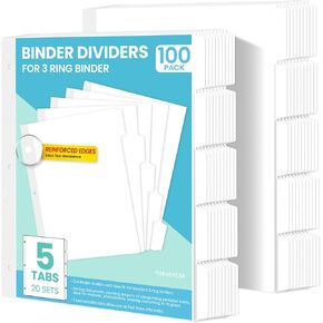 Forvencer Binder Dividers with Tabs, Reinforced Edge, Blank Writable Binder Dividers for 3 Ring Binder with 5 Tabs, Letter Size, 5 Tabs Dividers for Office School Home, 20 Sets, 100 Dividers, White