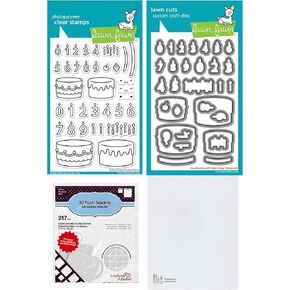 Lawn Fawn Cake It Easy 4"x6" Clear Stamp Set, Coordinating Dies, Scrapbook Adhesives Foam Squares, Carnora Storage Pocket, 4 Item Bundle