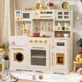 Play Kitchen for Kids, Toy Kitchen Set with Plenty of Play Features, New Modern Kids Wooden Play Kitchen with Oven,Ice Maker, Coffee Maker Gift for Ages 36M+