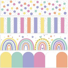 4 Rolls 118 ft Boho Bulletin Board Border Classroom Rainbow Hearts Polka Dot Border Trim Bulletin Board Scalloped Stripe for School Classroom Chalkboard Office Decoration, 4 Designs