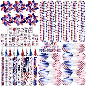 120 PCS Patriotic Party Favors 4th of July Accessories American Flags for Kids Adults Glasses Slap Bracelets Pinwheels Tattoo Stickers Party Blowers Necklaces for Independence Day Memorial Day