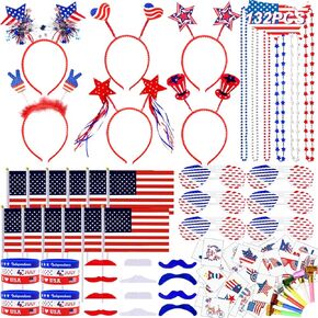 132 Pcs Patriotic Party Favors, 4th of July Accessories Include Headbands Glasses Necklaces Flags Bracelets Mustaches Temporary Tattoos Musical Blow Outs for Independence Memorial Day Party Supplies