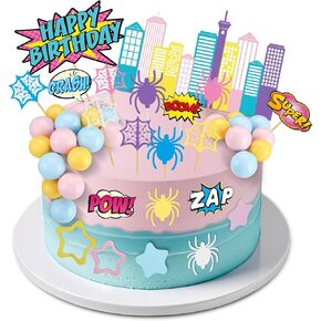 Geelin 61 Pcs Spider Birthday Cake Topper Pink Spider Girl Cupcake Topper Pastel Party Supplies Cartoon Party Decorations Balls Webs Stars City Cake Border Decor for Girls Boys Birthday Baby Shower