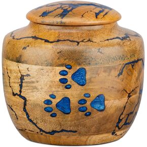 INTAJ Wooden Pet Urns for Dogs/Cats Ashes - Blue Resin Paws & Lichtenburg Design - Keepsake Cremation Urn Box, Pet Memorial Wooden Urns for Ashes, Small to Large Sizes (Classic, Small)