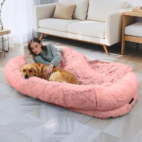 Human Dog Bed, 71''x45''x12'' Size Fits Adult and Pet Washable Giant People DogBed 10 CM Thick Memory Foam Large Oversize Dog Bed with Plump Pillow, Blanket, Strap - Grey