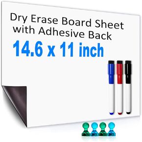 Dry Erase White Board Sheet with Adhesive Back,14.6"x11" Self-Adhesive Whiteboard Dry Erase Board for Wall,Glass,Cuttable Magnetic Wall Decal Wallpaper for Office,Home, Includes Markers and Magnets