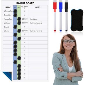 Lincia in and Out Dry Erase Board 15 x 26 in/Out Board for Office Employee 18 Name Adhesive Frameless in/Out Planner with 3 Dry Erase Markers Eraser 20 Magnets for Office Staff Schedule Tracker