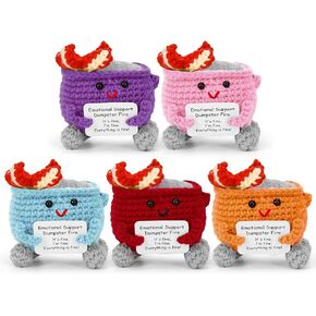 5PCS Emotional Support Crochet Dumpster Fire with Positive Card, Funny Handmade Knitted Desk Accessories Room Decor Inspirational Birthday Gifts for Women Men Coworkers Friend