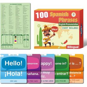 100 Spanish English Bilingual Phrases with English Prounciation Educational Flash Cards and Phrases Chart Learning Resource for Spanish Learner or Traveller Double-Sided 100 Cards (Each 4.4" X 2.8")