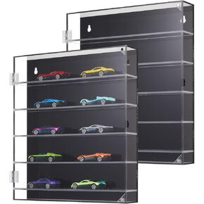 Chunful 2 Pcs 5 Tier Acrylic Display Case for 1:64 Scale Diecast Cars Maximum 30 Toy Cars Storage Case Wall Mountable/ Tabletop Transparent Showcase with Magnetic Switch Door for Collector