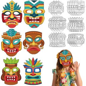 24 Pieces Color Your Own Tiki Masks Luau Crafts for Kids 6 Designs Blank Paper Tiki Masks to Color Aloha Crafts for Kids Hawaiian Luau Party Decoration Home Class Activity