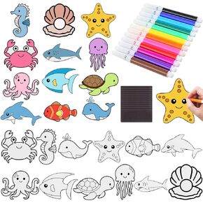 48 Sets Ocean Animals Crafts Magnets Kit Color Your Own Under The Sea Fish Starfish Turtle Magnet Summer Sea Animals DIY Craft for Classroom Home Activities Summer Party Favors