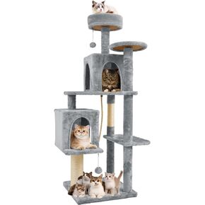 59in Large Cat Tree Tower for Indoor Cats with Soft Plush Hang Ball, Two Condos, Sisal Scratch Posts & Rope Play for Kittens/Adult Cats, Deep Grey