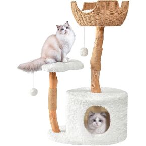 Modern Cat Tree, Wood Cat Tree Tower for Small Cats, Luxury Cat Condo with Scratching Posts and Flower Platforms, Cat Furniture by Easyego, (White)