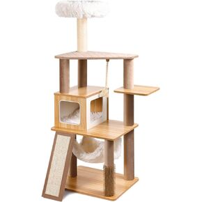 61" Wooden Cat Tree Tower for Indoor Cats, Luxury Modern Wooden Tower with XL Plush Lounge, Hammock & Scratching Posts for Maine Coon 20 lbs