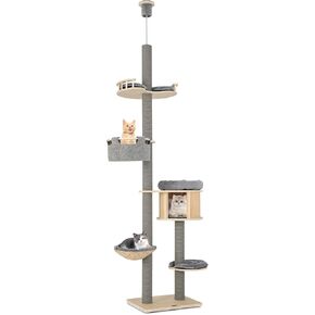 Tangkula Floor to Ceiling Cat Tree, Tall Cat Tower with Adjustable Height (93-107 Inch) for Large Cats, 5 Tier Cat Climbing Pole with Scratching Post, Cattail Basket Bed, Hammock for Indoor Cats
