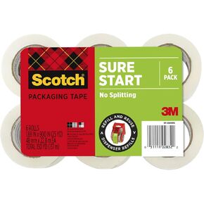 Scotch Sure Start Shipping Packaging Tape, 6 Rolls, 1.5 Inch Core, 1.88" x 25 Yards, Great for Packing, Shipping & Moving, Clear (DP-1000RF6) - Pack of 6