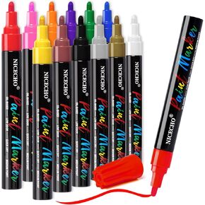 Paint Pens, 12 Colors Permanent Paint Markers Medium Tip Never Fade Quick Drying and Waterproof Marker Set for Metal, Wood, Fabric, Tire, Stone, Canvas, Mugs, Glass, DIY Craft