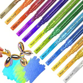 Super Gold 12 Colors Metallic Glitter Acrylic Markers Fine 0.7mm Tip Multi Surface Paint Pens for Rock Painting, DIY Crafts, Wood, Fabric Non Toxic Quick Drying Art for Kids & Adults