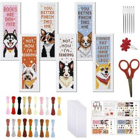 FREEBLOSS 6 Set Puppies Stamped Cross Stitch Bookmark Kits Cross Stitch Kit Embroidery Bookmarks Kit for Adults Beginners with Backing Felt Embroidery Floss DIY Bookmark Kit for Book Lovers 8x2.4''