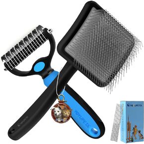 Large Slicker Brush for Dogs - 3PC Pet Grooming Kit - Undercoat Rake & Stainless Comb | Long Pins Remove Mats on Poodles, Golden, Labradoodles | Thick Coat Deshedder for Dogs, Cats, Oak